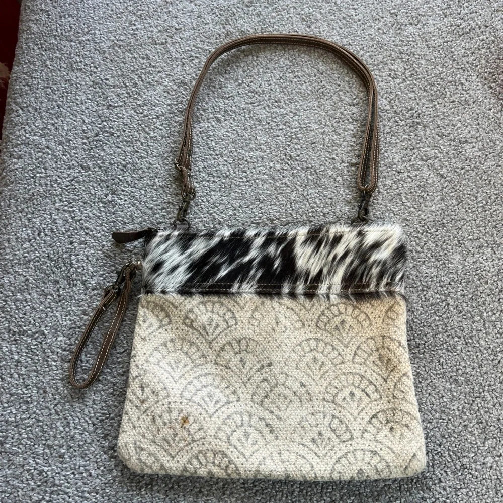 Myra Bag Crossbody Bag Cream Brown Hair-on Hide Canvas Western Boho dual‎ strap